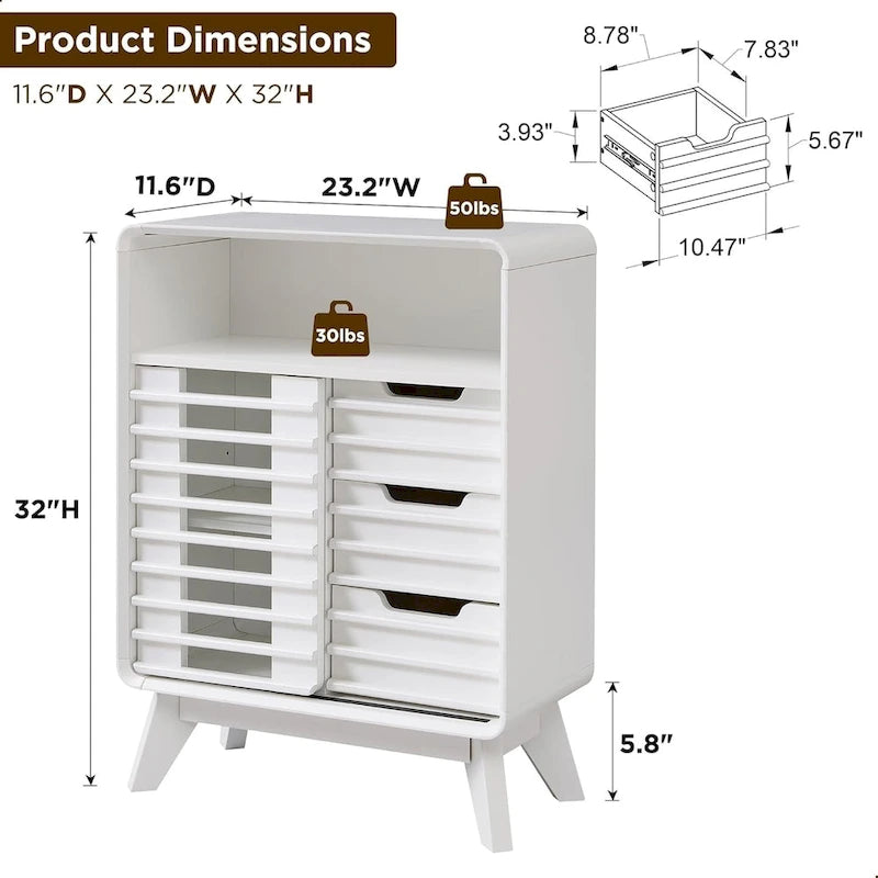 Meuble bas à porte à lattes en blanc uni/gris foncé/chêne naturel, style Mid-Century, simple