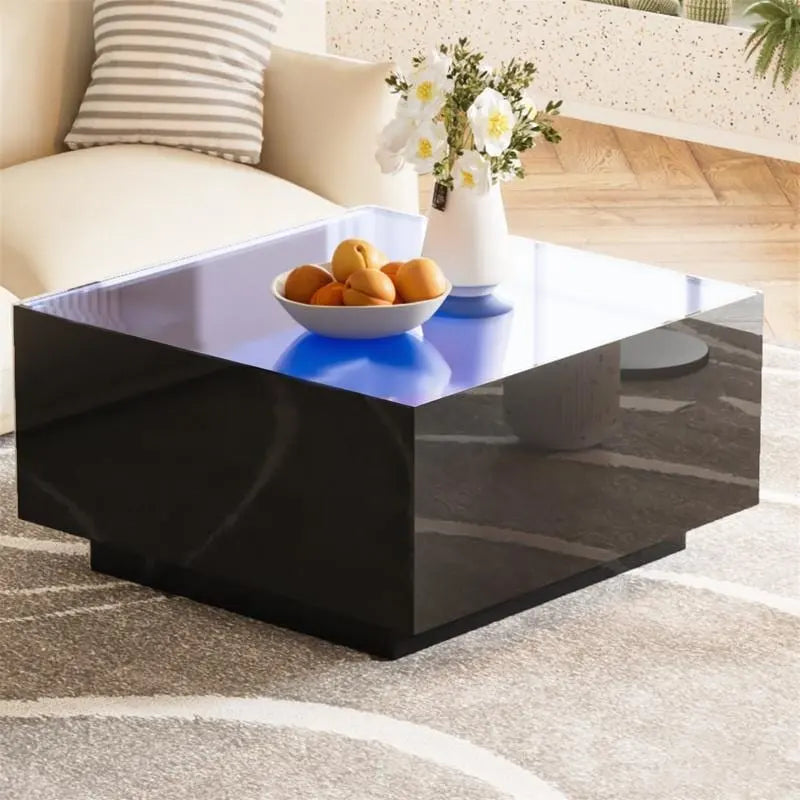 Table basse carrée noire/blanche avec lumières LED 16 couleurs et plateau en verre trempé dépoli