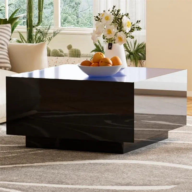 Square Hight Glossy Coffee Table with 16-color LED Strip Lights, Modern Center Table with 5mm Frosted Tempered Glass Top