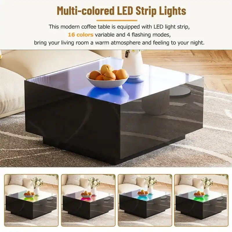 Table basse carrée noire/blanche avec lumières LED 16 couleurs et plateau en verre trempé dépoli