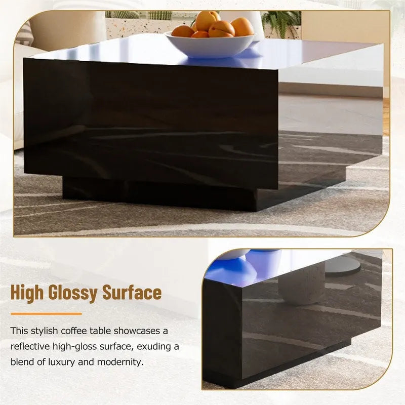 Table basse carrée noire/blanche avec lumières LED 16 couleurs et plateau en verre trempé dépoli