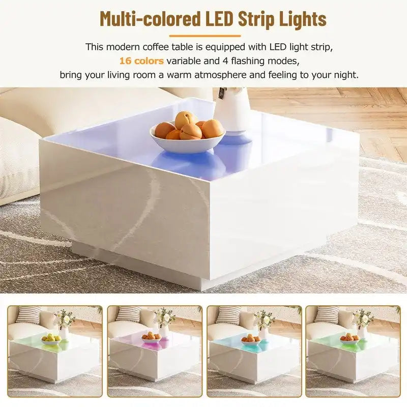 Table basse carrée noire/blanche avec lumières LED 16 couleurs et plateau en verre trempé dépoli