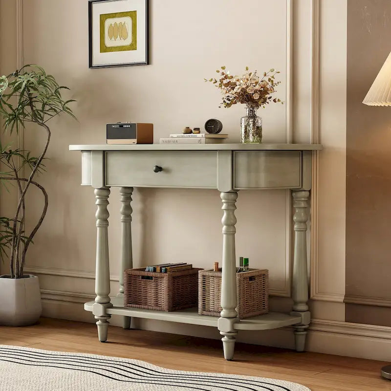 Console étroite grise, pieds fuseau vintage, assemblage par 1 personne