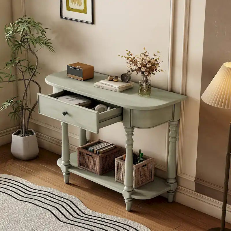 Console étroite grise, pieds fuseau vintage, assemblage par 1 personne
