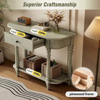 Console étroite grise, pieds fuseau vintage, assemblage par 1 personne