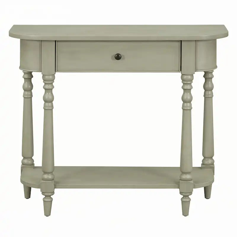 Console étroite grise, pieds fuseau vintage, assemblage par 1 personne