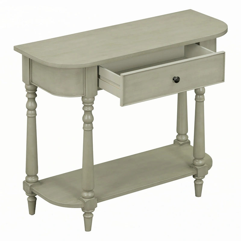 Console étroite grise, pieds fuseau vintage, assemblage par 1 personne