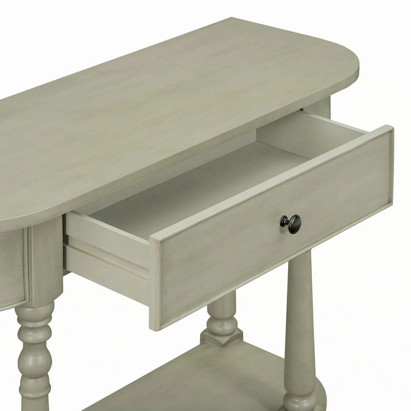 Console étroite grise, pieds fuseau vintage, assemblage par 1 personne