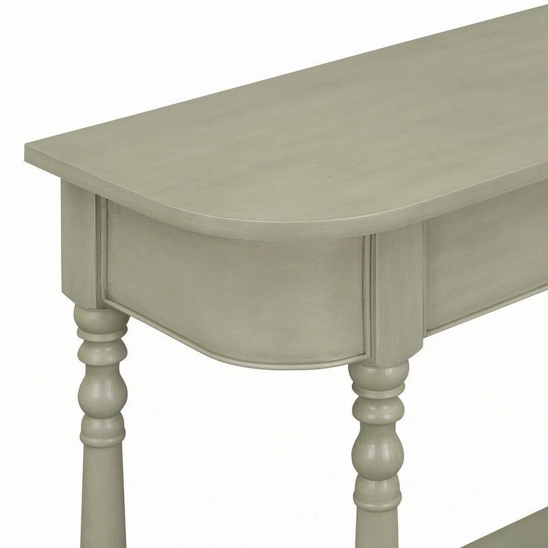 Console étroite grise, pieds fuseau vintage, assemblage par 1 personne