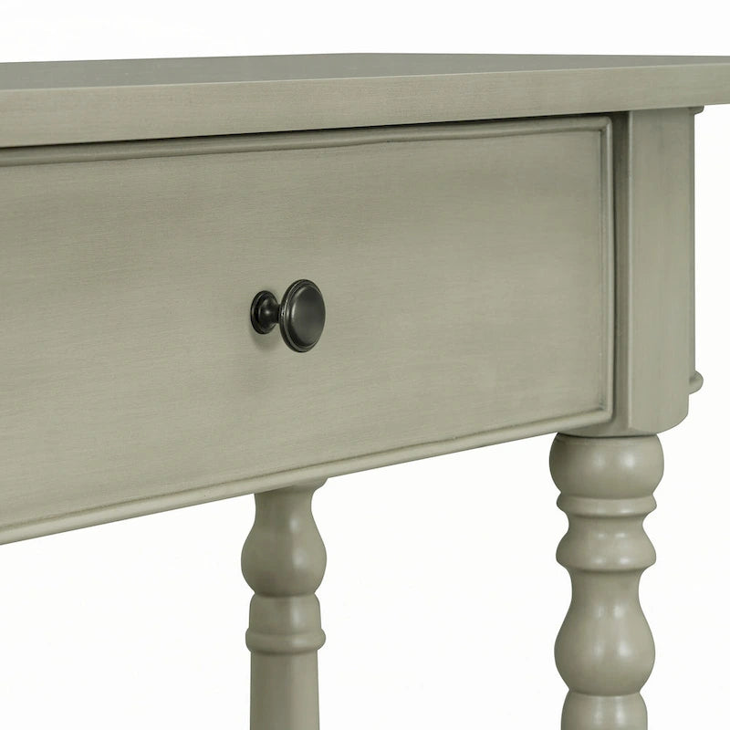 Console étroite grise, pieds fuseau vintage, assemblage par 1 personne