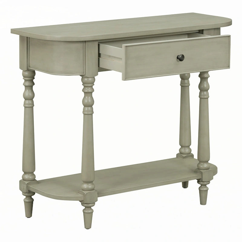 Console étroite grise, pieds fuseau vintage, assemblage par 1 personne