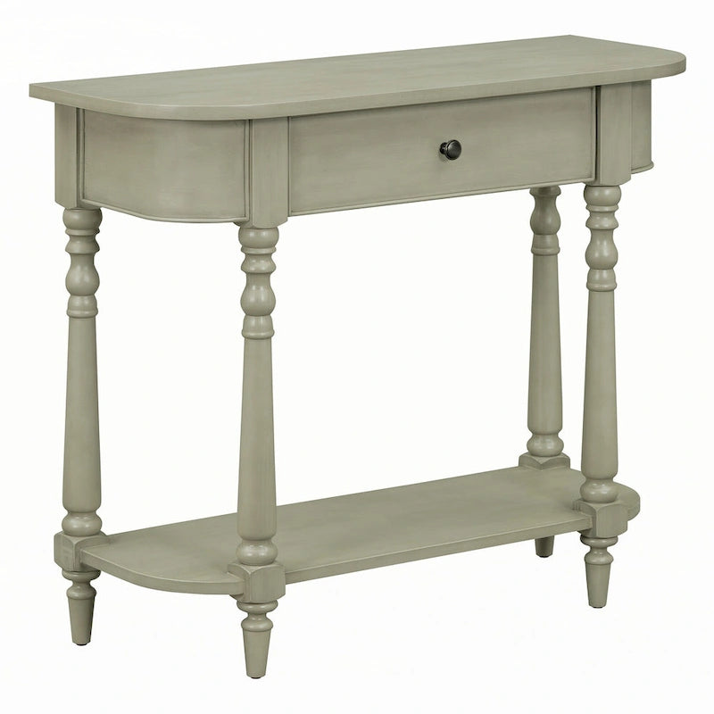Console étroite grise, pieds fuseau vintage, assemblage par 1 personne