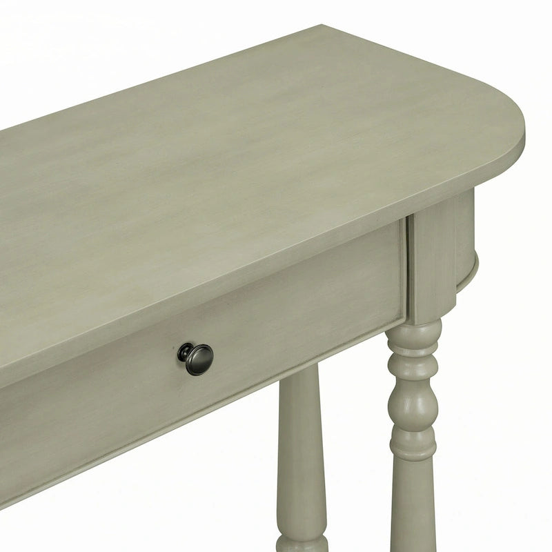 Console étroite grise, pieds fuseau vintage, assemblage par 1 personne