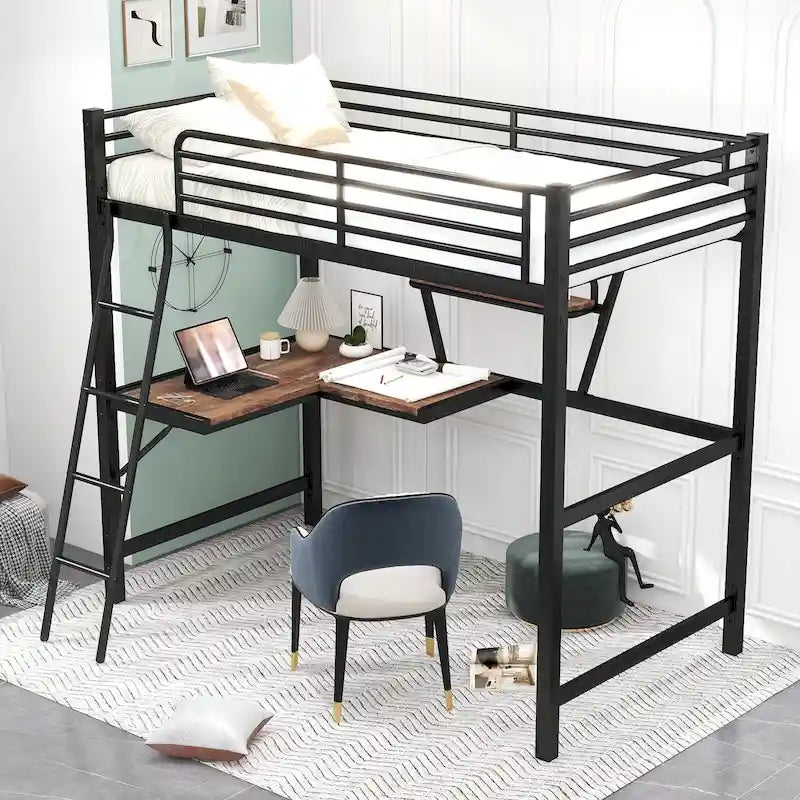 Lit mezzanine en métal noir/argenté avec bureau et étagère, simple/double, 1 personne