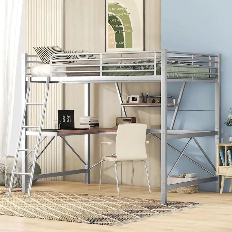 Lit mezzanine en métal noir/argenté avec bureau et étagère, simple/double, 1 personne