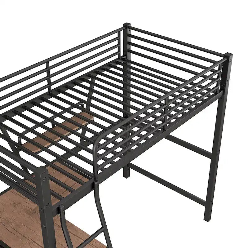 Lit mezzanine en métal noir/argenté avec bureau et étagère, simple/double, 1 personne