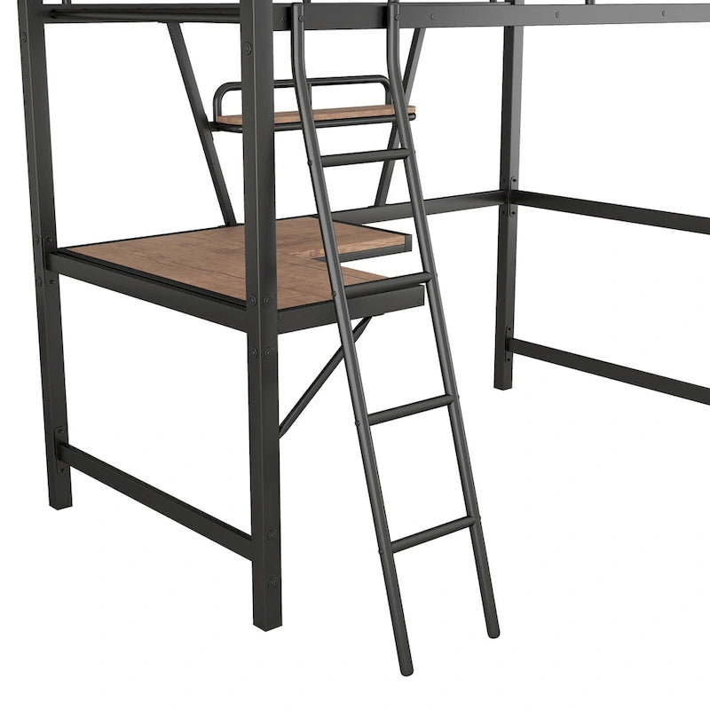 Lit mezzanine en métal noir/argenté avec bureau et étagère, simple/double, 1 personne