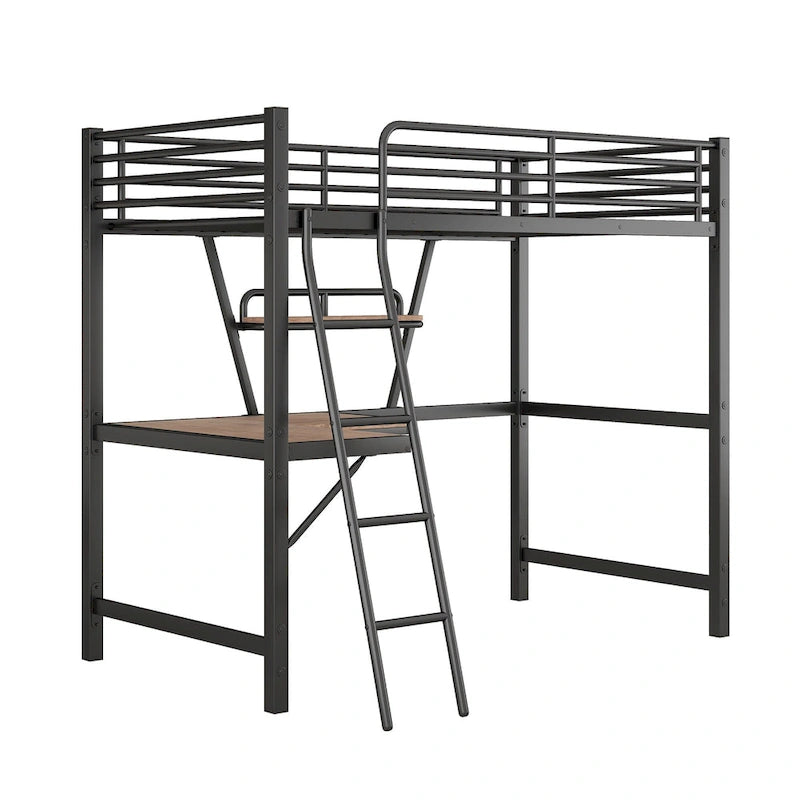 Lit mezzanine en métal noir/argenté avec bureau et étagère, simple/double, 1 personne
