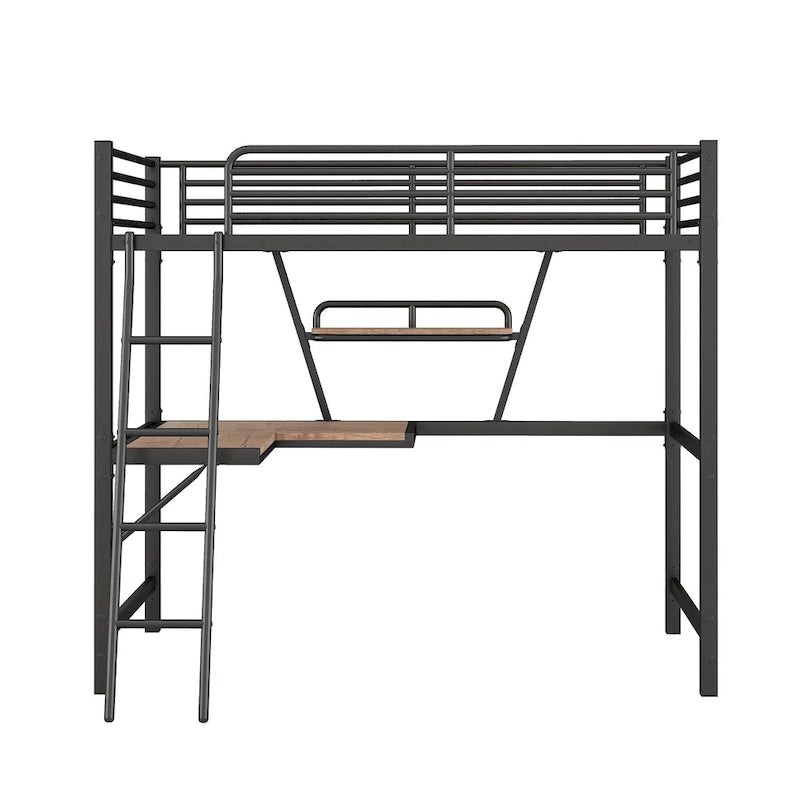 Lit mezzanine en métal noir/argenté avec bureau et étagère, simple/double, 1 personne