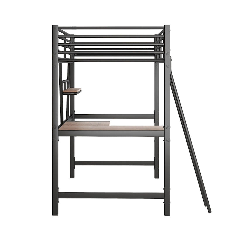 Lit mezzanine en métal noir/argenté avec bureau et étagère, simple/double, 1 personne