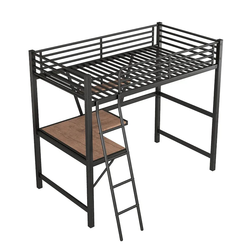 Lit mezzanine en métal noir/argenté avec bureau et étagère, simple/double, 1 personne