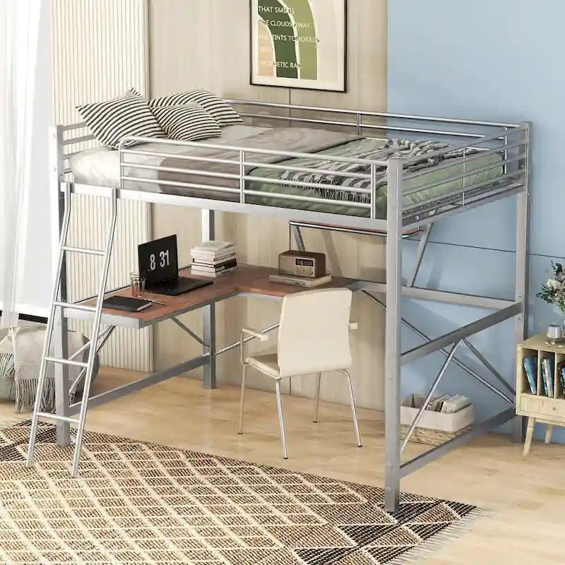 Lit mezzanine en métal noir/argenté avec bureau et étagère, simple/double, 1 personne