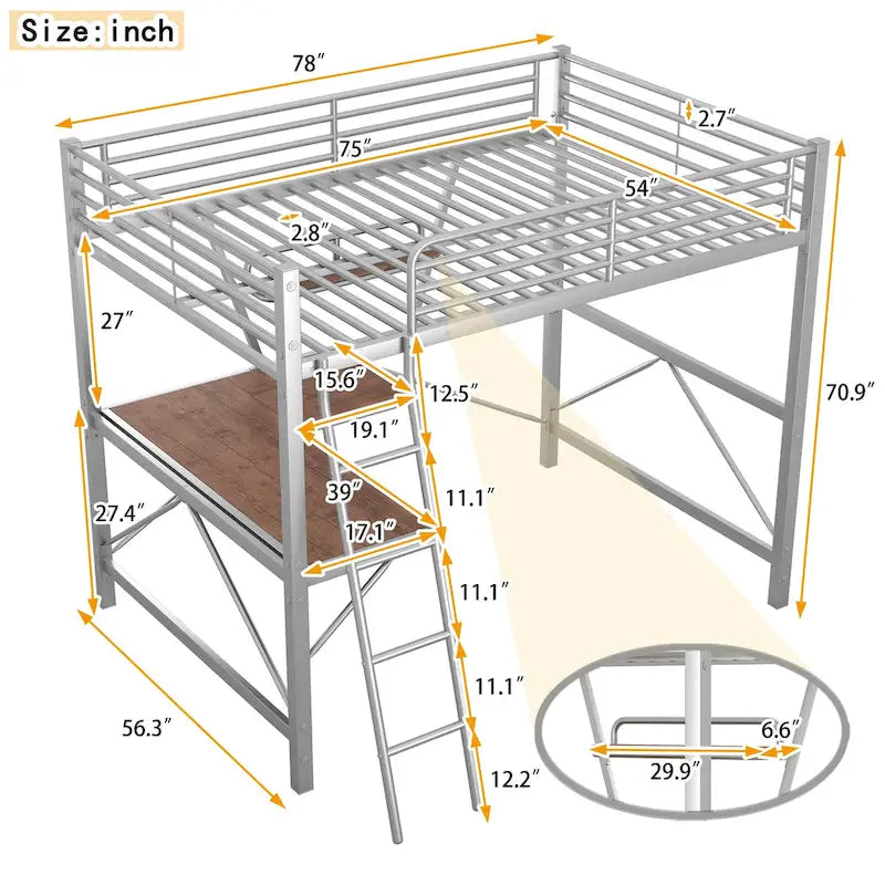 Lit mezzanine en métal noir/argenté avec bureau et étagère, simple/double, 1 personne