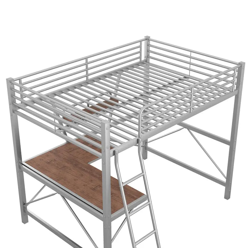 Lit mezzanine en métal noir/argenté avec bureau et étagère, simple/double, 1 personne