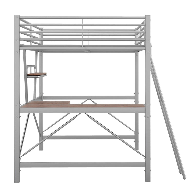 Lit mezzanine en métal noir/argenté avec bureau et étagère, simple/double, 1 personne