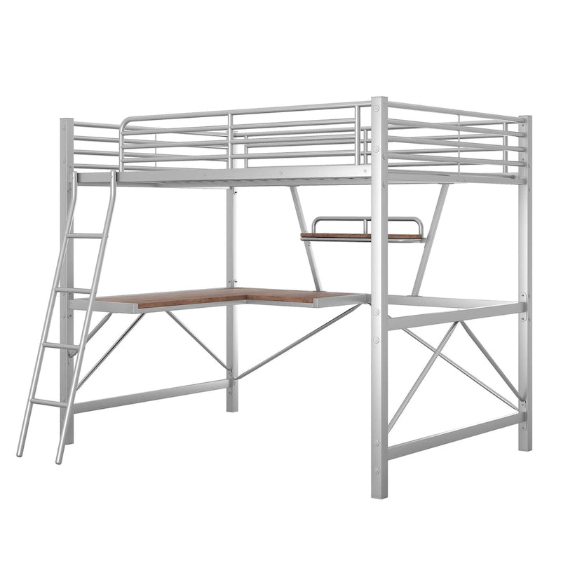 Lit mezzanine en métal noir/argenté avec bureau et étagère, simple/double, 1 personne