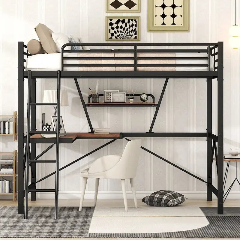 Lit mezzanine en métal noir/argenté avec bureau et étagère, simple/double, 1 personne