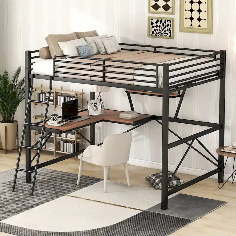 Lit mezzanine en métal noir/argenté avec bureau et étagère, simple/double, 1 personne