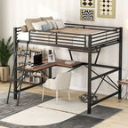Lit mezzanine en métal noir/argenté avec bureau et étagère, simple/double, 1 personne