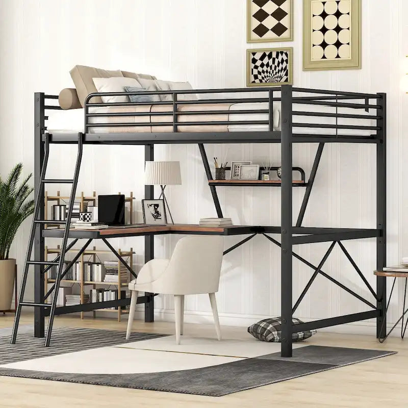 Lit mezzanine en métal noir/argenté avec bureau et étagère, simple/double, 1 personne