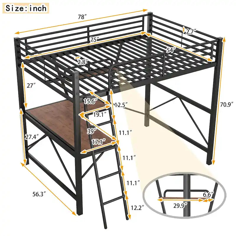 Lit mezzanine en métal noir/argenté avec bureau et étagère, simple/double, 1 personne