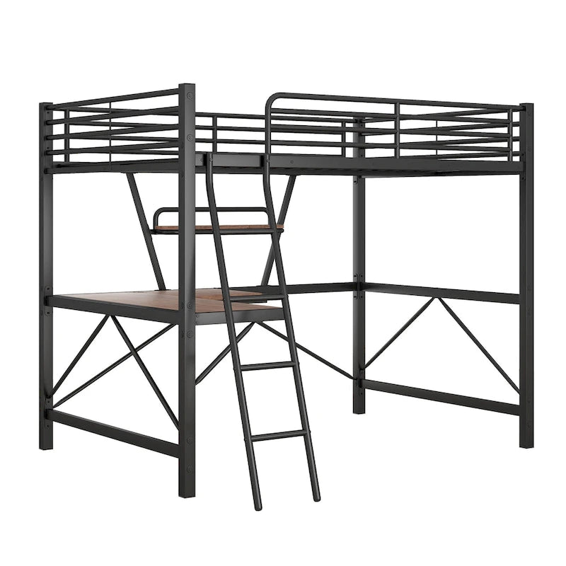 Lit mezzanine en métal noir/argenté avec bureau et étagère, simple/double, 1 personne