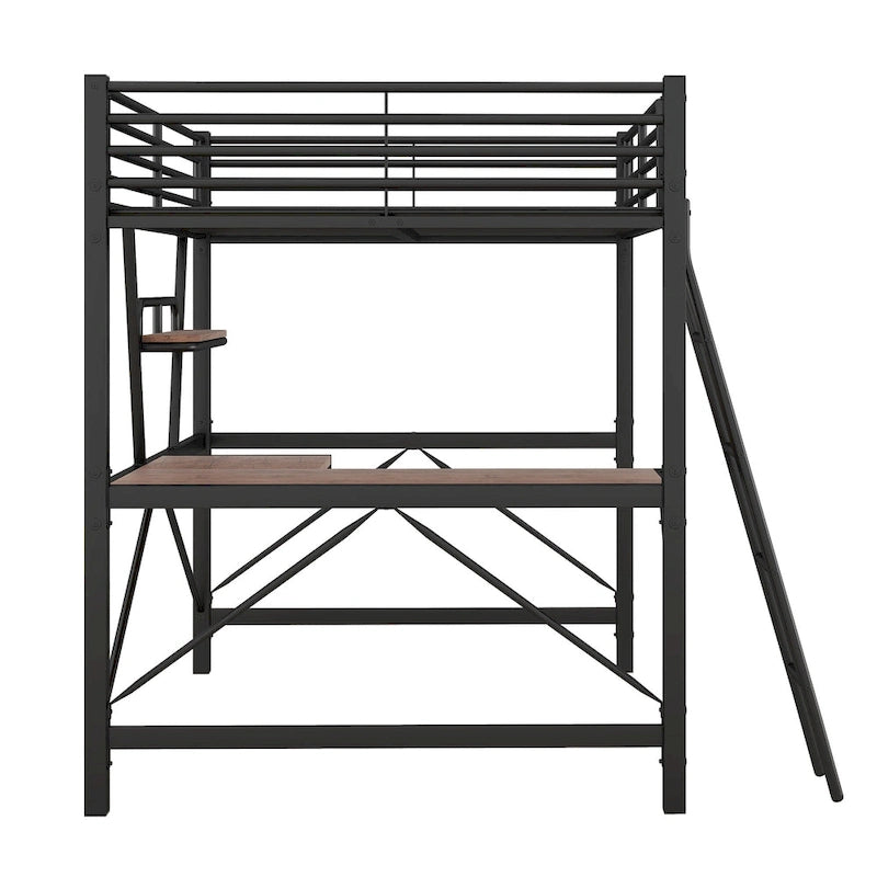 Lit mezzanine en métal noir/argenté avec bureau et étagère, simple/double, 1 personne