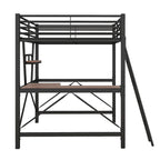Lit mezzanine en métal noir/argenté avec bureau et étagère, simple/double, 1 personne