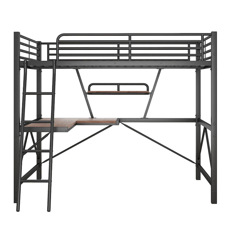 Lit mezzanine en métal noir/argenté avec bureau et étagère, simple/double, 1 personne