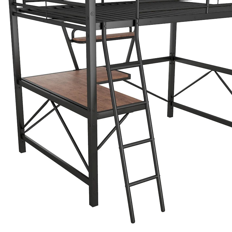 Lit mezzanine en métal noir/argenté avec bureau et étagère, simple/double, 1 personne