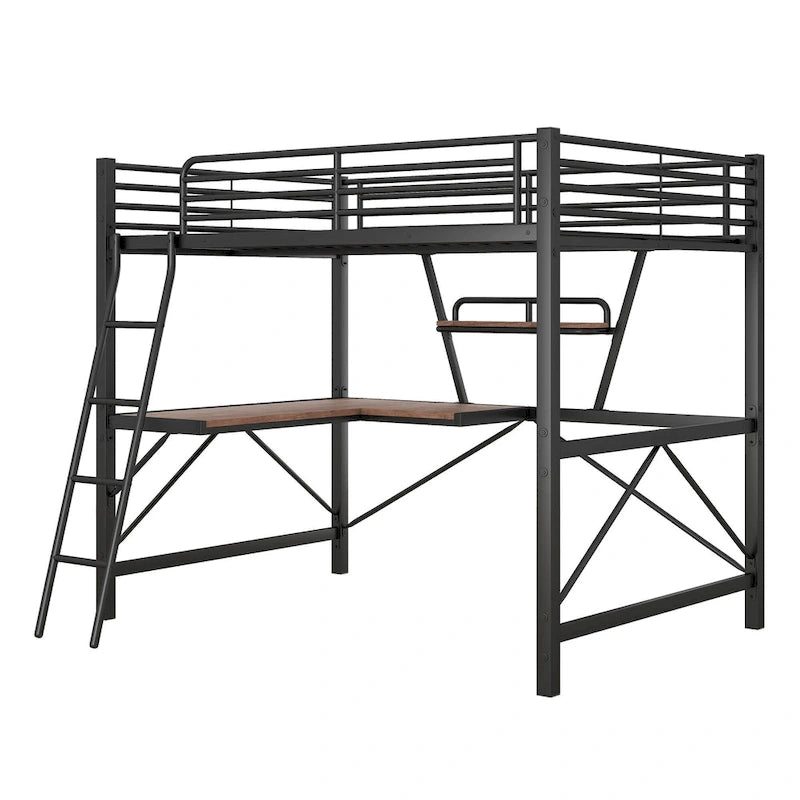 Lit mezzanine en métal noir/argenté avec bureau et étagère, simple/double, 1 personne