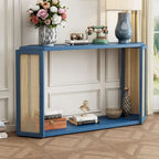 Console en bois noir/bleu vieilli avec panneau en rotin et étagère ouverte