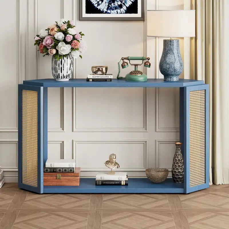 Console en bois noir/bleu vieilli avec panneau en rotin et étagère ouverte