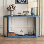 Console en bois noir/bleu vieilli avec panneau en rotin et étagère ouverte