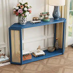 Console en bois noir/bleu vieilli avec panneau en rotin et étagère ouverte