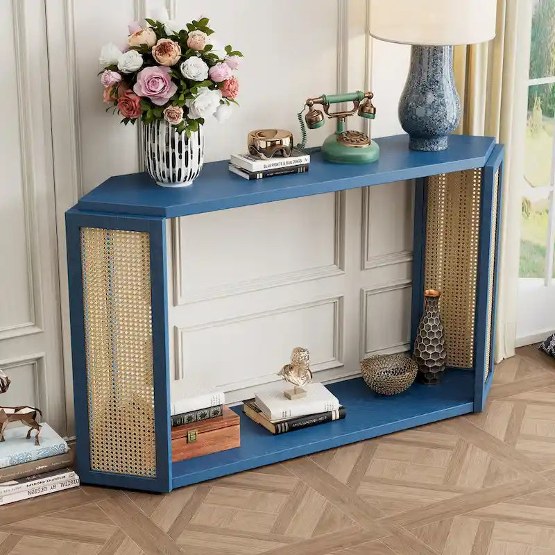 Console en bois noir/bleu vieilli avec panneau en rotin et étagère ouverte