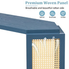 Console en bois noir/bleu vieilli avec panneau en rotin et étagère ouverte