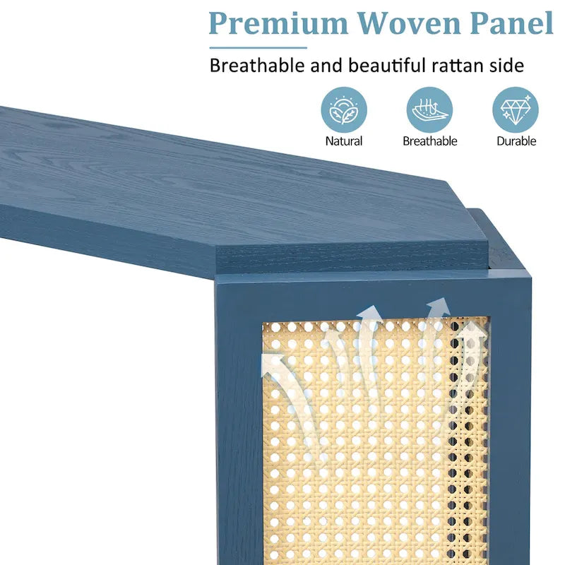 Console en bois noir/bleu vieilli avec panneau en rotin et étagère ouverte