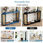 Console en bois noir/bleu vieilli avec panneau en rotin et étagère ouverte