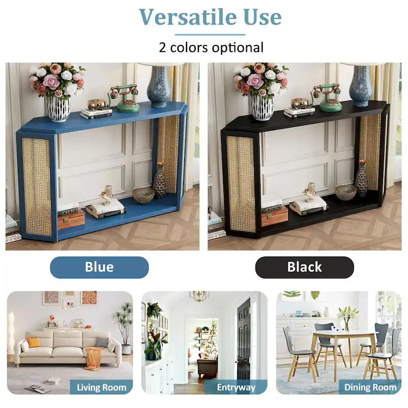 Console en bois noir/bleu vieilli avec panneau en rotin et étagère ouverte